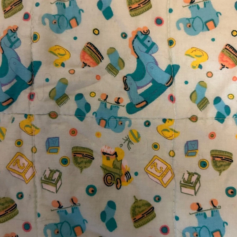 Vintage Baby Quilt Rocking Horse Elephant Nursery Print Blue Satin  Trim 36